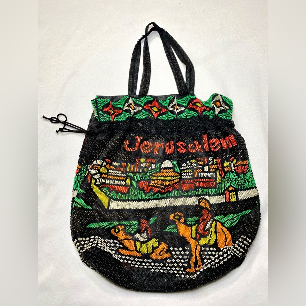 Jerusalem Colorful Beaded Black Tote Bag Purse Drawstring IsraelJerusalem